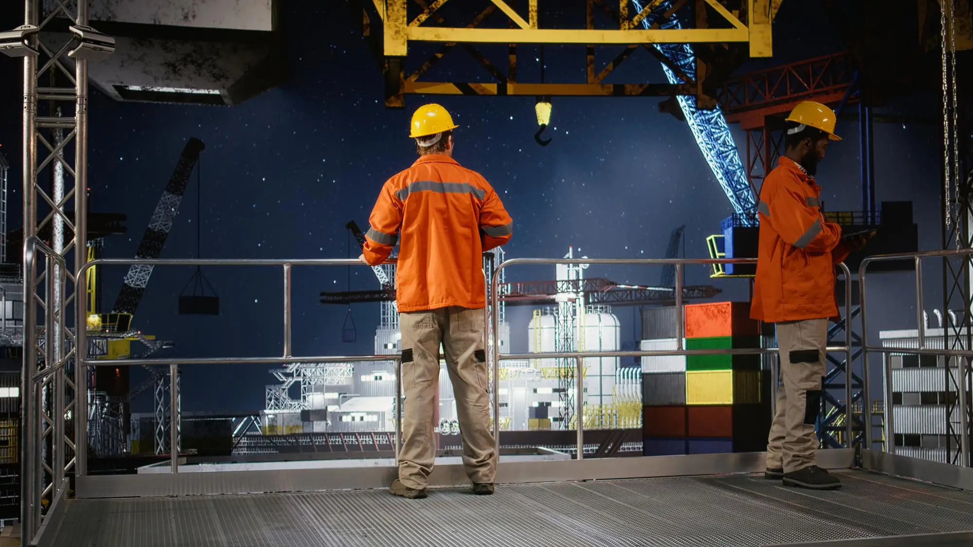 Two warehouse workers using overhead crane training