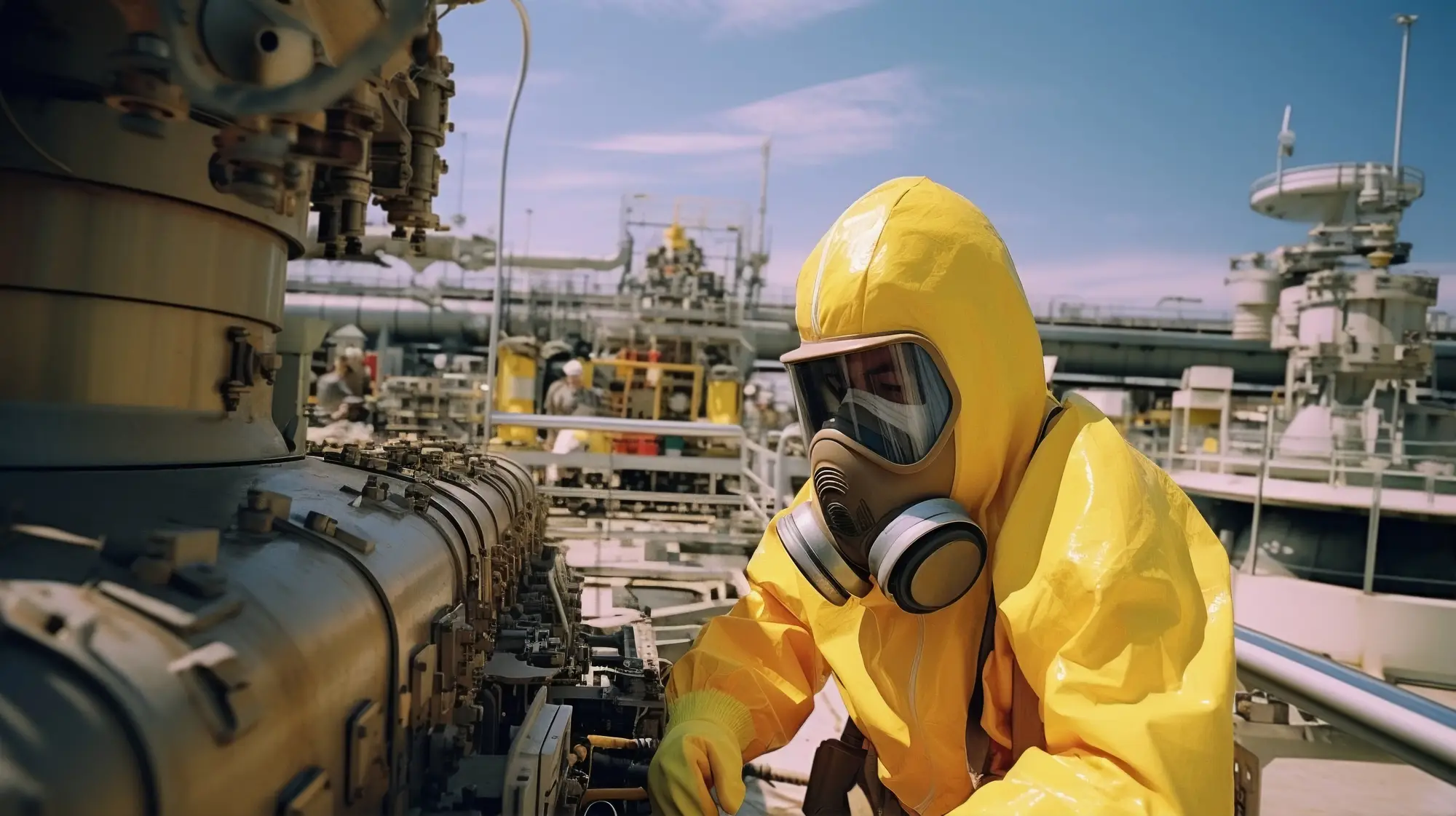 a worker wearing complete PPE working in chemical factory.