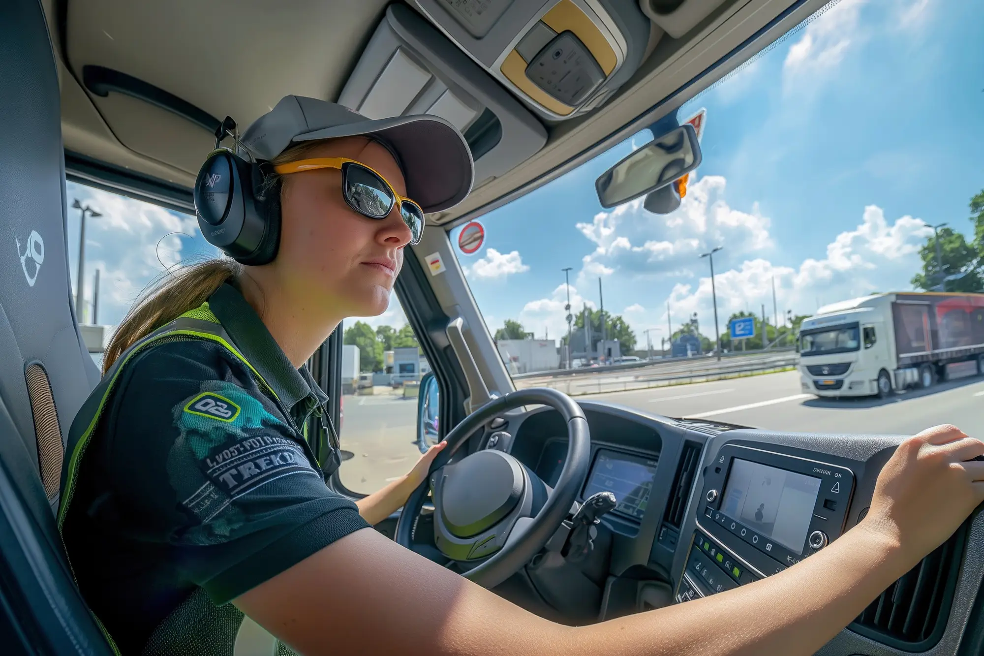 a truck equipped with cameras, proximity sensors, alarms, and collision detection systems